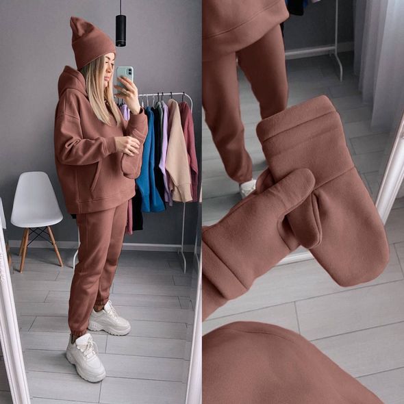 Женский спортивный костюм четверка штаны кофта шапка и варежки цвет шоколад 7214, Цвет: Шоколад, Размер: S-M (42-44 UKR), фото 