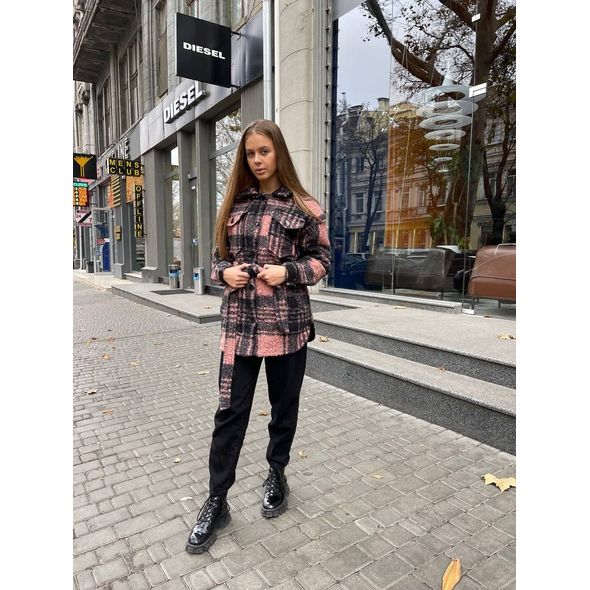 Женская шуба-рубашка в клетку цвет пудра 30252, Цвет: Пудра, Размер: 42-46 UKR (One size), фото , изображение 2