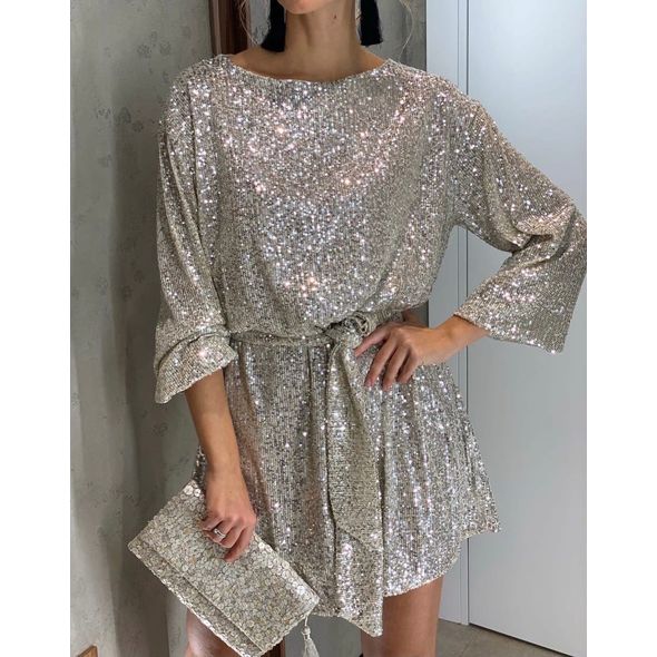 Красивое вечернее платье серебристое мини 0323, Колір: Сріблястий, Розмір: M, фото , зображення 3