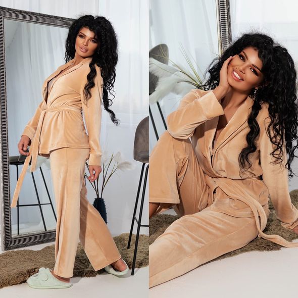 Женская пижама штаны и короткий халат цвет бежевый 409, Цвет: Бежевый, Размер: S-M (42-44 UKR), фото 