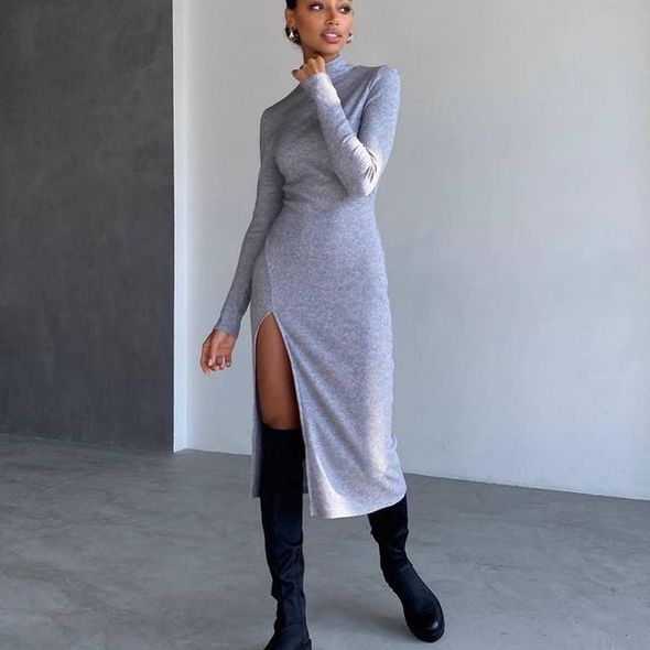 Платье-Миди с длинным рукавом цвет серый 1601, Цвет: Серый, Размер: S-M (42-44 UKR), фото 