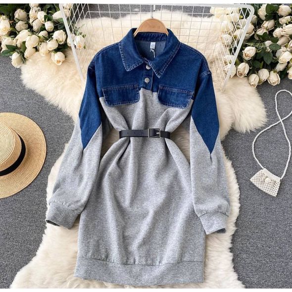 Платье женское теплое с джинсовыми вставками серое 216, Колір: Сірий, Розмір: L, фото 