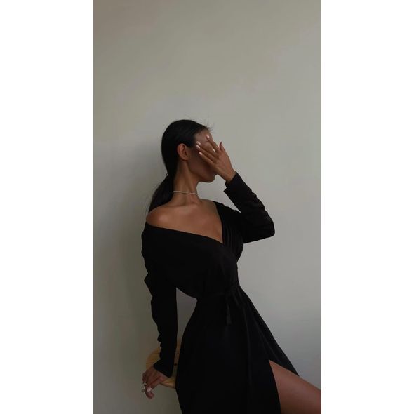 Чорне оксамитове плаття на запах з довгим рукавом 0333, Колір: Чорний, Розмір: s-m, фото , зображення 2