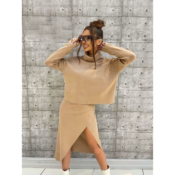 Жіночий спідничний костюм з кофтою колір бежевий 3197, Колір: Бежевий, Розмір: 42-46, фото , зображення 2