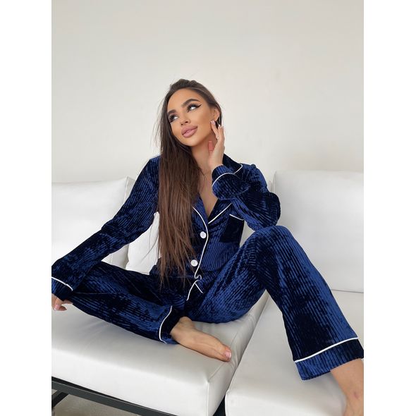 Женская пижама брючная велюровая цвет индиго 7256, Цвет: Индиго, Размер: S-M (42-44 UKR), фото 