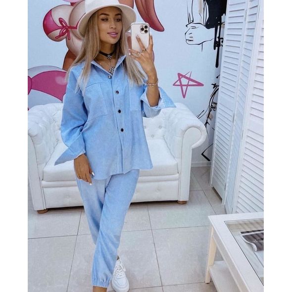 Женский брючный костюм вельветовый с рубашкой цвет голубой 554, Цвет: Голубой, Размер: L-XL (46-48 UKR), фото , изображение 2