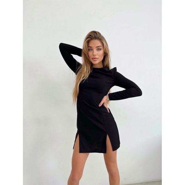 Черное платье мини с длинным рукавом с двумя разрезами спереди 416, Цвет: Черный, Размер: S-M (42-44 UKR), фото , изображение 3