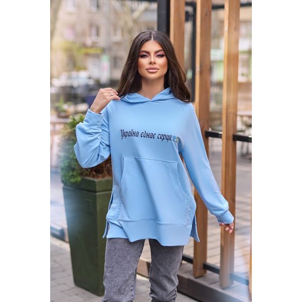 Жіноче худі блакитне з розрізами з боків "Україна єднає серця" 152, Колір: Блакитний, Розмір: 42-48, фото 