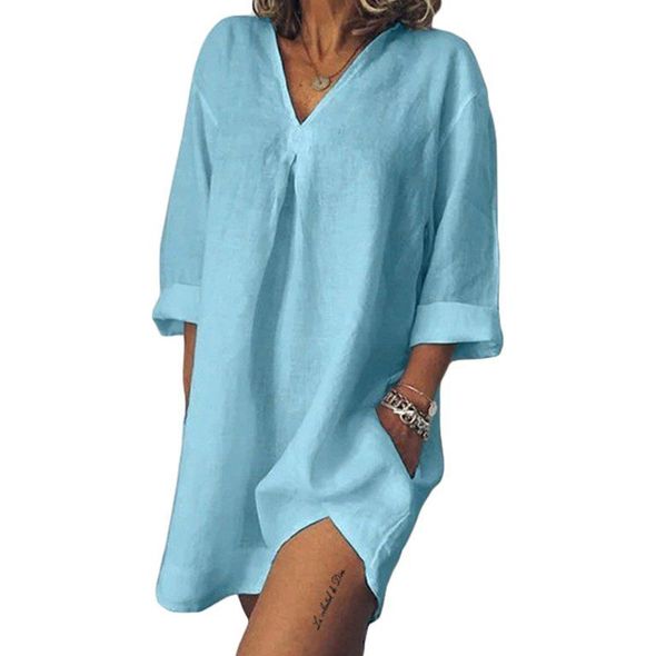 Сукня жіноча з льону вільного крою блакитна 3213, Колір: Блакитний, Розмір: 42-46, фото 