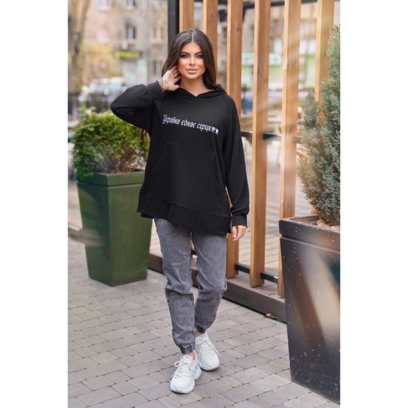 Жіноче худі чорний з розрізами з боків "Україна єднає серця" 152, Колір: Чорний, Розмір: 42-48, фото , зображення 4
