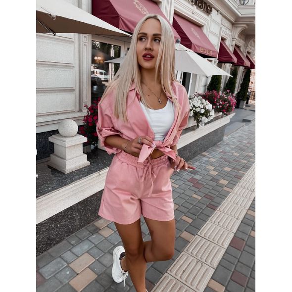 Жіночий лляний костюм сорочка та шорти колір пудра 10244, Колір: Пудра, Розмір: S, фото 