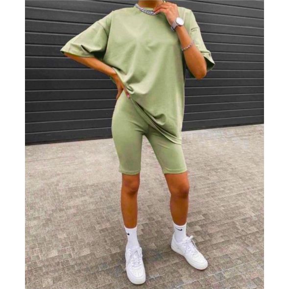 Женский спортивный костюм летний футболка свободная и велосипедки фисташка 1957, Цвет: Фисташковый, Размер: 42-46 UKR (One size), фото 