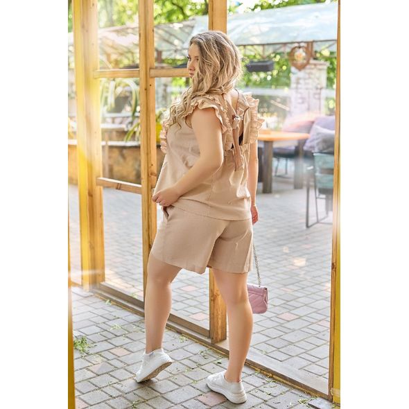 Жіночий костюм блузка і шорти колір бежевий р41624, Колір: Бежевий, Розмір: 50-52, фото , зображення 2