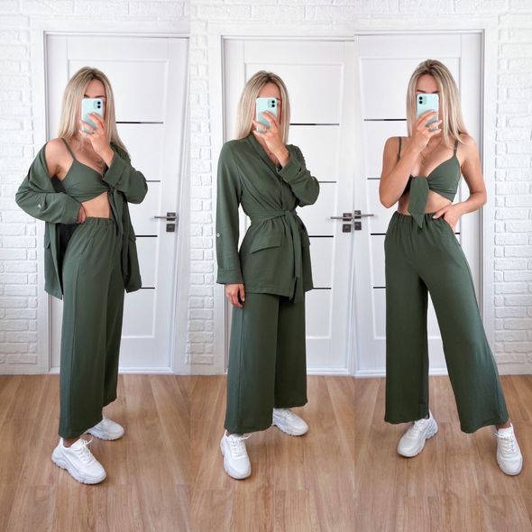 Женский костюм тройка топик, брюки и пиджак-кимоно цвет хаки 7176, Цвет: Хаки, Размер: S-M (42-44 UKR), фото 