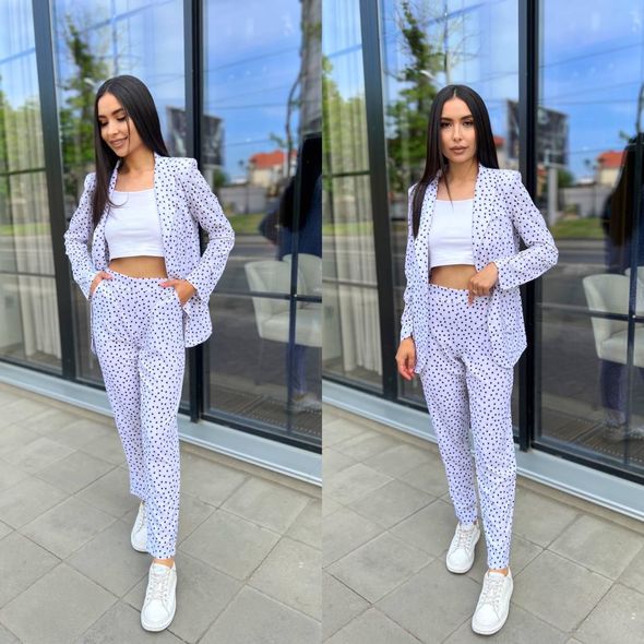 Жіночий костюм красивий у горошок штани та піджак колір білий 6085, Колір: Білий, Розмір: s-m, фото 