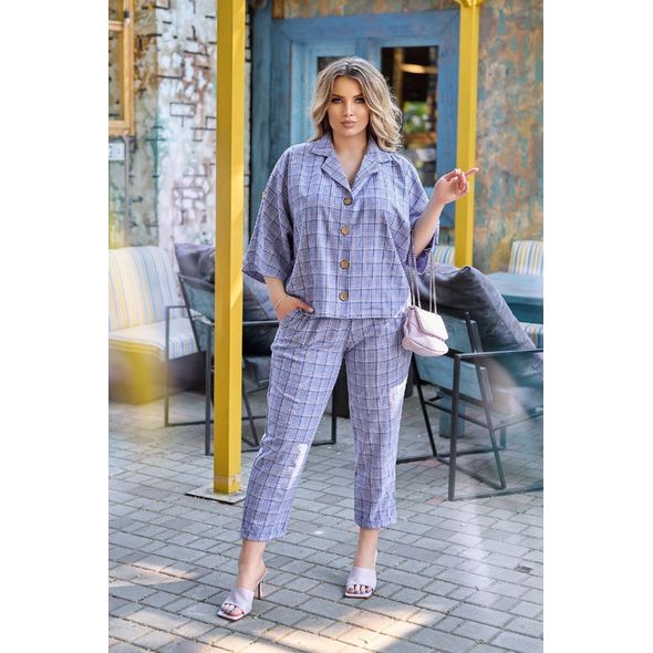 Женский костюм брючный в клетку из льна р41625/1, Размер: 50-52 UKR, фото 