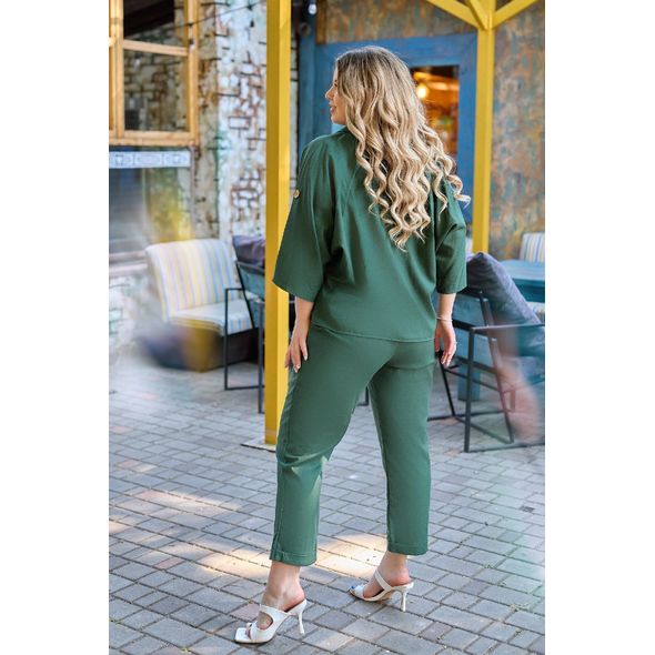 Женский костюм брючный из льна цвет хаки р41625, Цвет: Хаки, Размер: 54-56 UKR, фото , изображение 2
