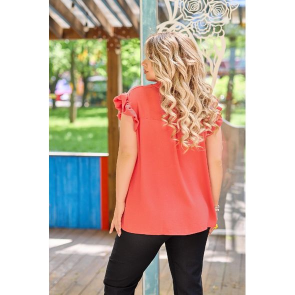 Женская блузка с коротким рукавом цвет коралловый р41482, Цвет: Коралл , Размер: 54-56 UKR, фото , изображение 2