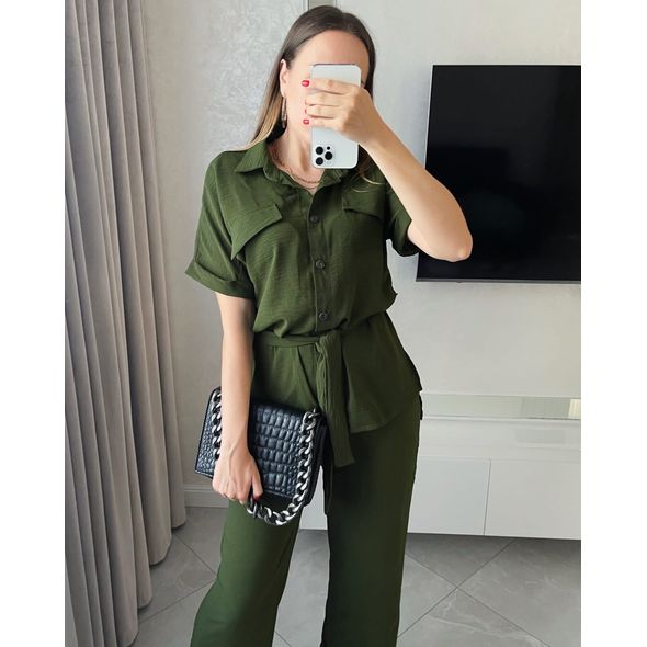 Жіночий літній костюм блузка та штани прямі колір хакі 332, Колір: Хакі, Розмір: s-m, фото 