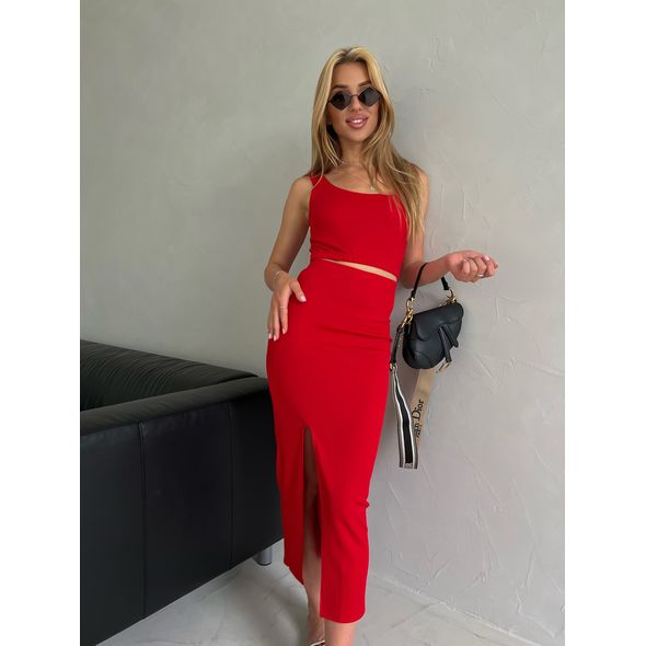 Жіночий стильний костюм спідниця міді та топік колір червоний 7278, Колір: Червоний, Розмір: s-m, фото 