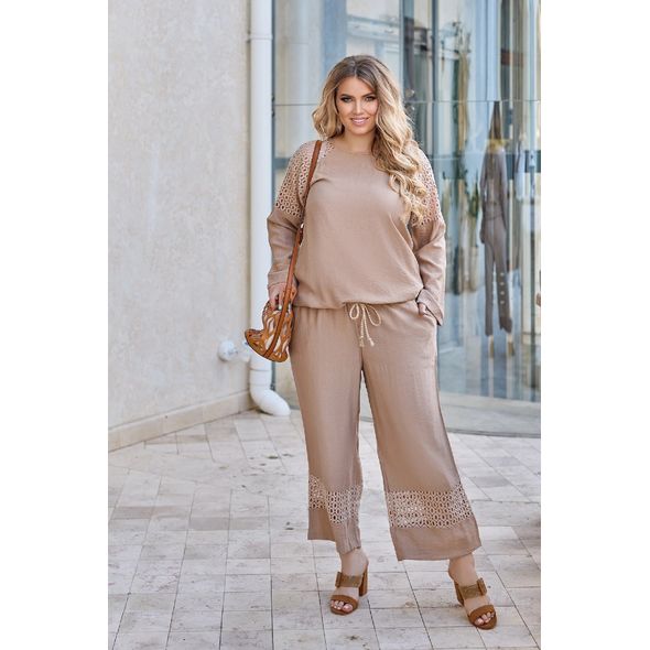 Жіночий костюм літній з льону бежевий штани та блузка р15333, Колір: Бежевий, Розмір: 50-52, фото 