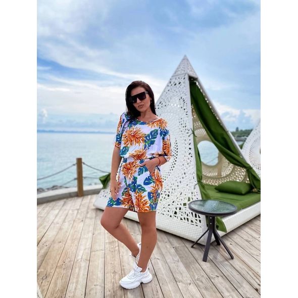 Жіночий костюм літній у квіточку колір білий р15406, Колір: Білий, Розмір: 50-52, фото 