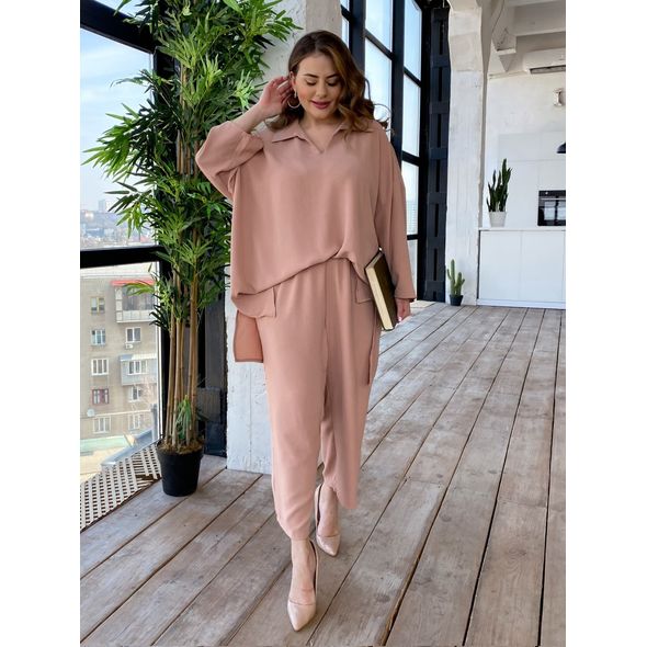 Женский костюм модный блузка и брюки укороченные цвет бежевый 2312, Цвет: Бежевый, Размер: 48-52 UKR (One size), фото , изображение 3