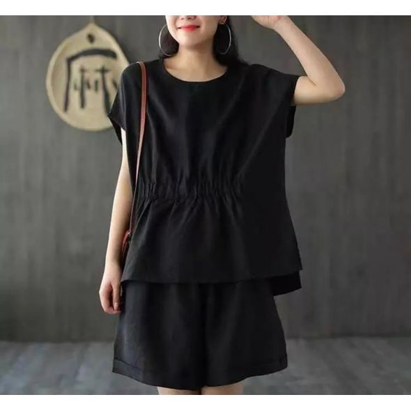 Женский черный костюм из льна летний блузка и шорты 2025, Цвет: Черный, Размер: L-XL (46-48 UKR), фото , изображение 2