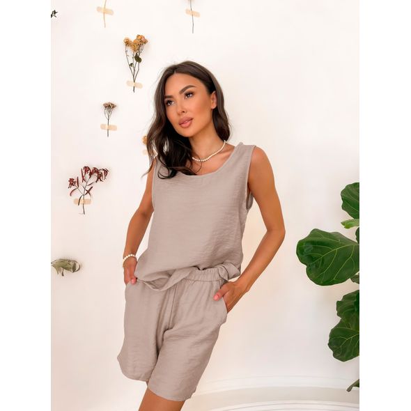 Женский летний костюм шорты и блузка цвет бежевый АК2024, Цвет: Бежевый, Размер: L-XL (46-48 UKR), фото 