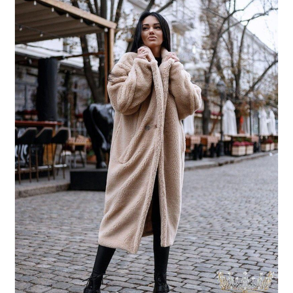 Женская длинная шуба эко-мех бежевая с воротником MaxMara стиль Oversize (42-46), Цвет: Бежевый, Размер: 42-46 UKR (One size), фото 