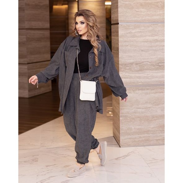 Жіночий брючний вельветовий костюм з сорочкою колір графіт 242220, Колір: Графіт, Розмір: 50-52, фото , зображення 2