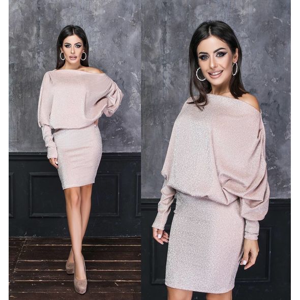 Платье вечернее короткое из люрекса пудра 1268/1262, Цвет: Пудра, Размер: S-M (42-44 UKR), фото 