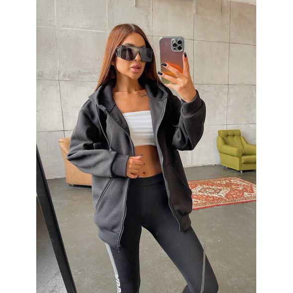 Жіноча кофта вільна на блискавці чорна 582-5282, Колір: Чорний, Розмір: s-m, фото 