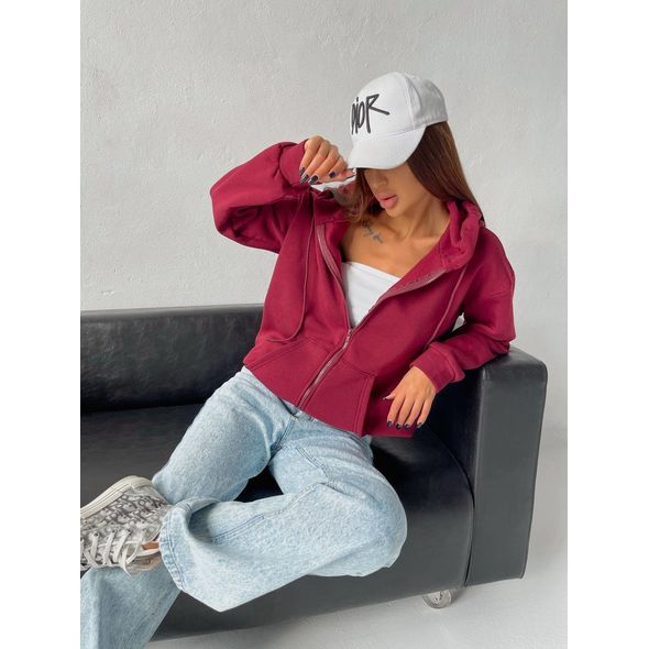 Женская кофта свободная на молнии бордовая 582-5282, Цвет: Бордовый, Размер: 54-56 UKR, фото , изображение 2