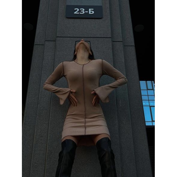 Облегающее платье мини бежевое с длинным рукавом 1372, Цвет: Бежевый, Размер: 42-46 UKR (One size), фото , изображение 3