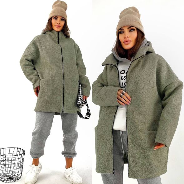 Стильна шубка із капюшоном еко-хутро баранчик блакитна 413, Колір: Оливковий, Розмір: 50-54, фото 