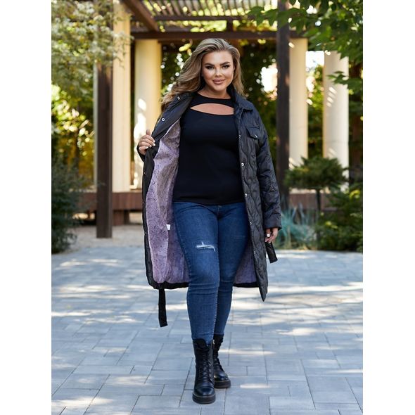 Пальто стьобане з поясом чорне 23026, Колір: Чорний, Розмір: 50-52, фото , зображення 2