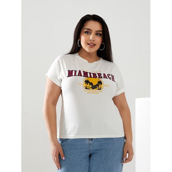 Женская футболка с красивым рисунком цвет молочный MIAMI 6025, Цвет: Молочный, Размер: 48-50 UKR, фото 