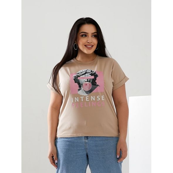 Женская футболка с красивым рисунком цвет бежевый INTENSE 6028, Цвет: Бежевый, Размер: 42-46 UKR (One size), фото 