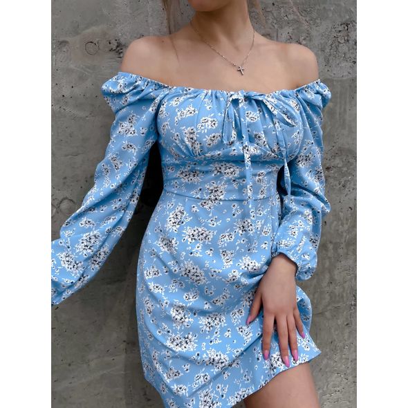 Платье мини красивое с длинным рукавом голубое 10389, Цвет: Голубой, Размер: S (42 UKR), фото 