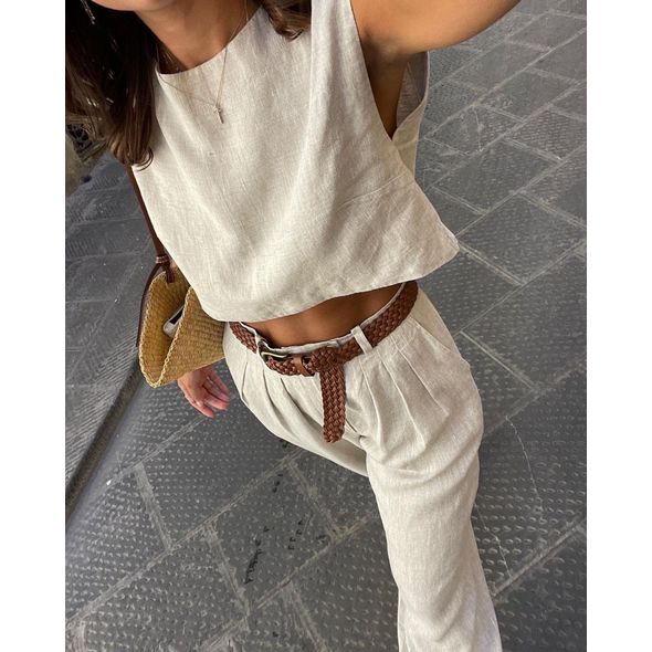 Женский костюм на лето блузка и брюки прямые цвет бежевый 3254, Цвет: Бежевый, Размер: 42-46 UKR (One size), фото , изображение 2