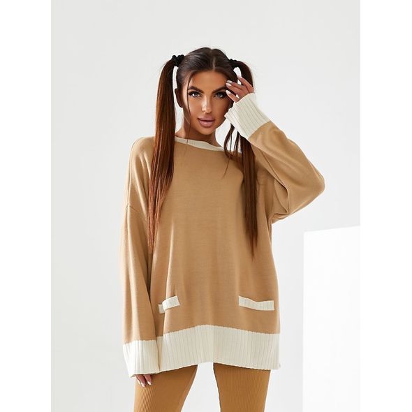 Женский свитер вязаный бежевый 0226, Цвет: Бежевый, Размер: 42-46 UKR (One size), фото 