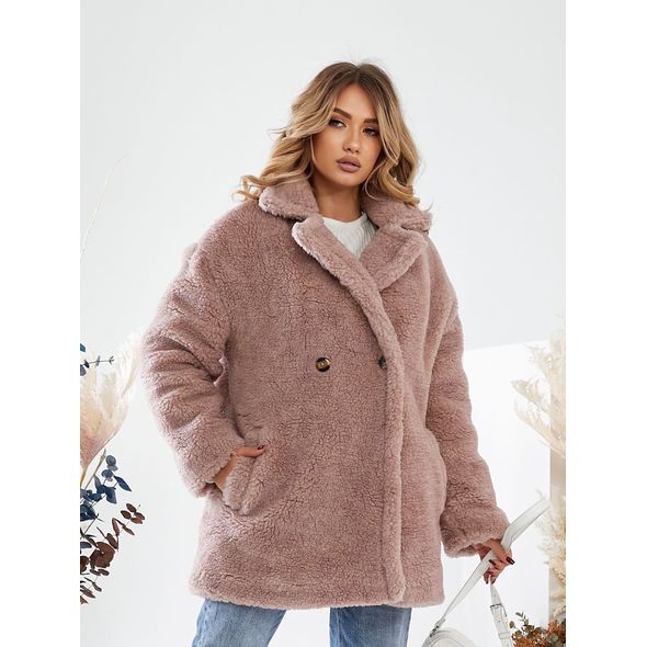 Жіноча шуба коротка пудра з коміром стійка 5258, Колір: Пудра, Розмір: s-m, фото , зображення 4