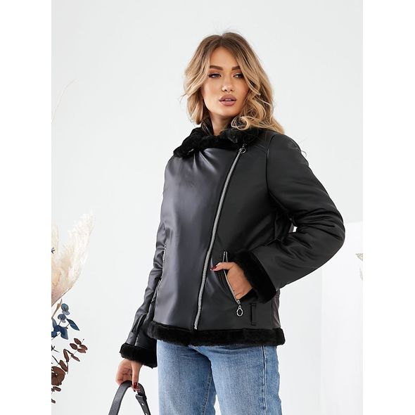 Жіноча дублянка чорна еко-шкіра з підкладкою з хутра 30364, Колір: Чорний, Розмір: s-m, фото , зображення 3